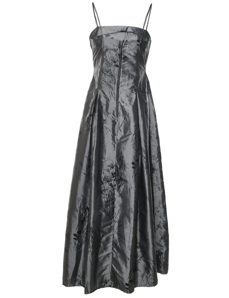Black & Silver 1990s Floral Design Evening Dress - M