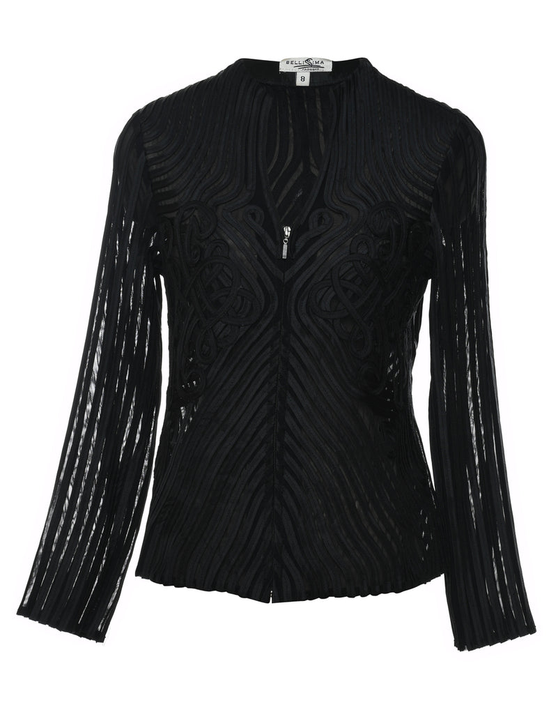 Black & Silver Embroidered Zip-Front Patterned Sheer Jacket - M