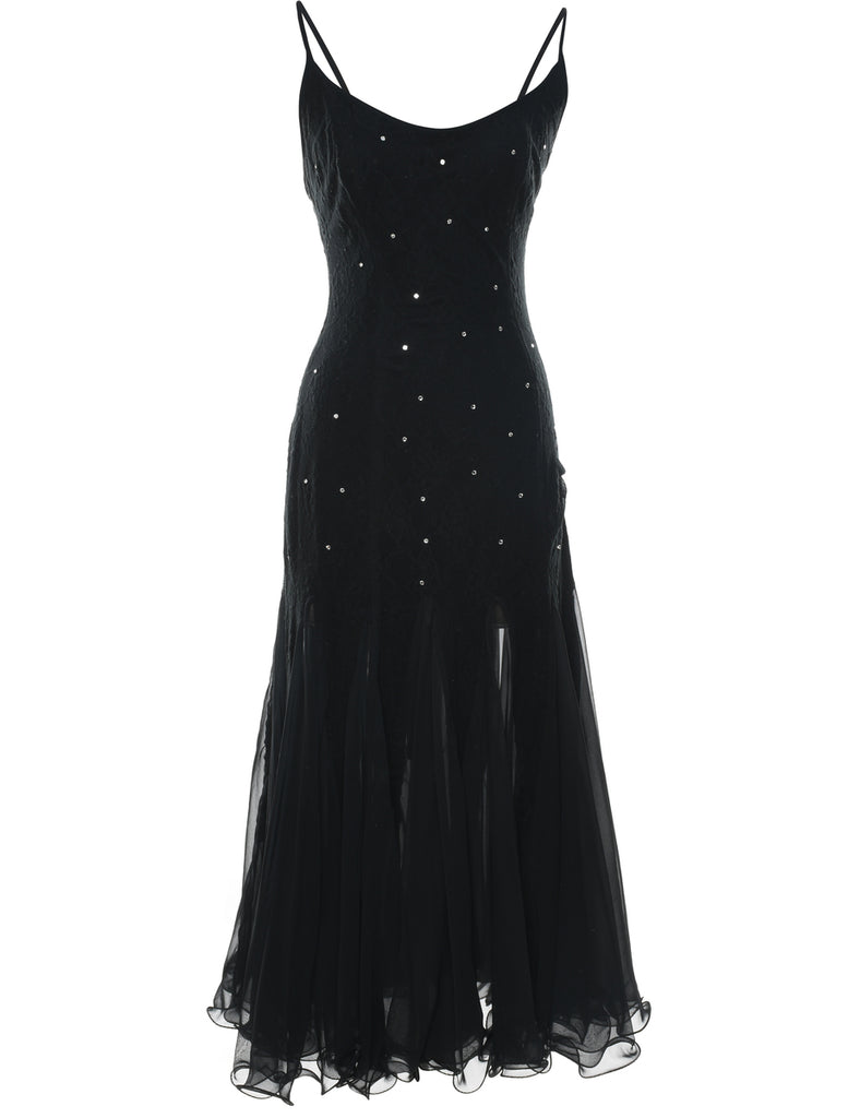 Black & Silver Sparkly Strappy Ruffled Hem Evening Dress - M