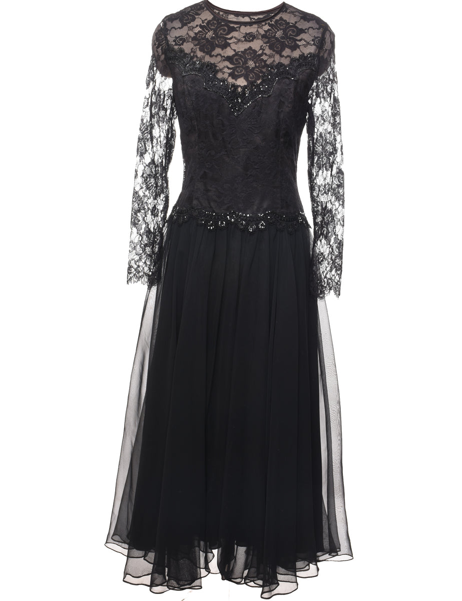 Women's Black Sparkly Long-Sleeve Lace Evening Dress Black, L | Beyond Retro Women's Black Sparkly Long-Sleeve Lace Evening Dress Black, L | Beyond Retro