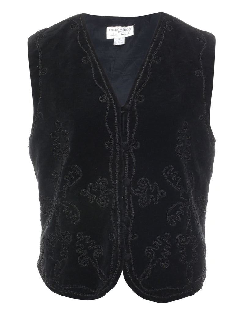 Black Velvet Embroidered Waistcoat - M
