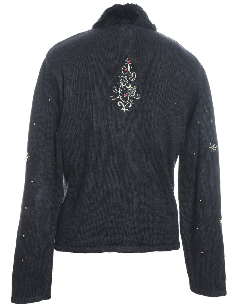 Black Zip-Front Embroidered Christmas Cardigan  - M
