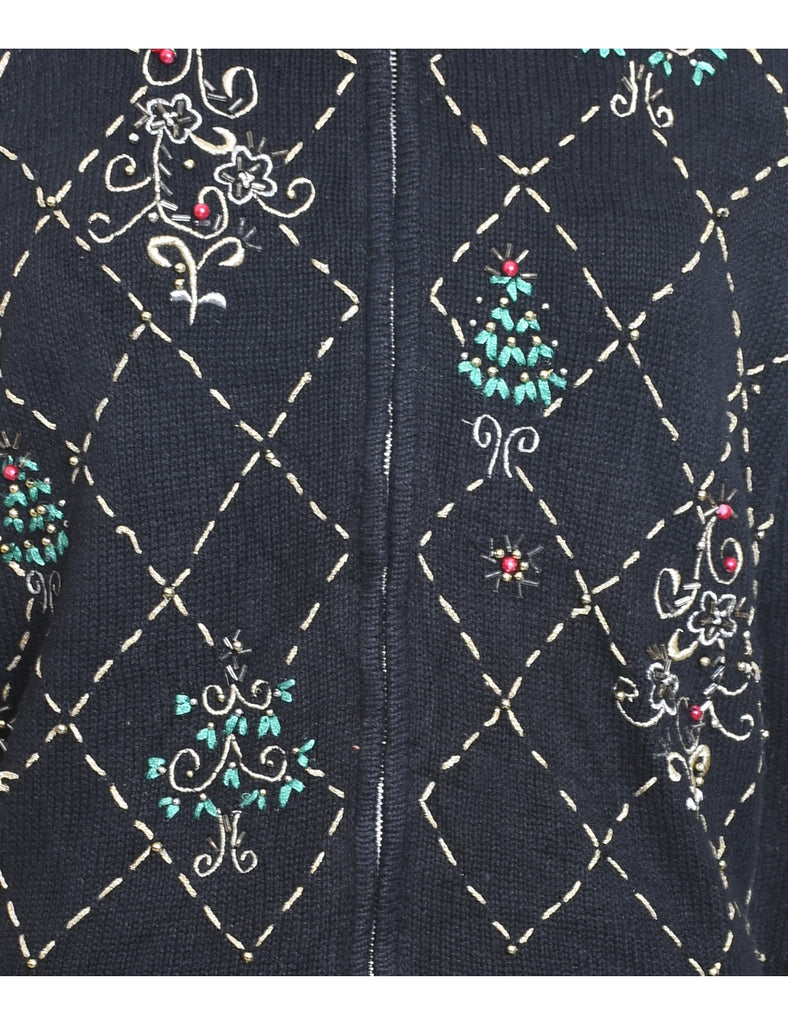 Black Zip-Front Embroidered Christmas Cardigan  - M