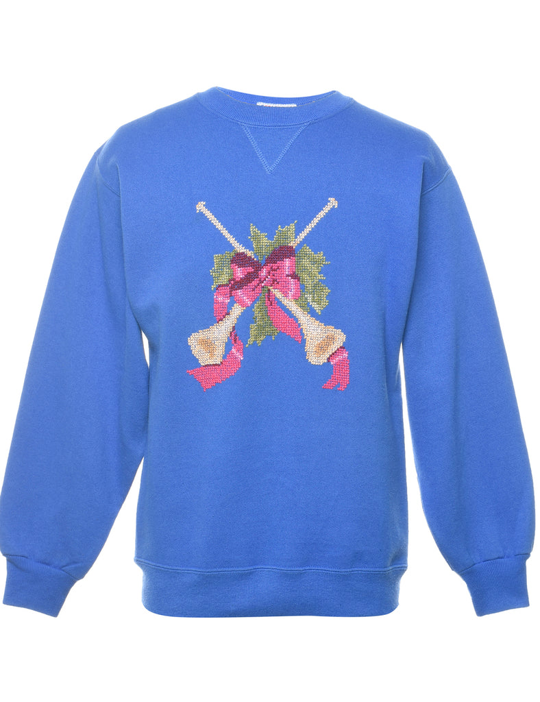 Blue 1990s Floral Sweatshirt  - M