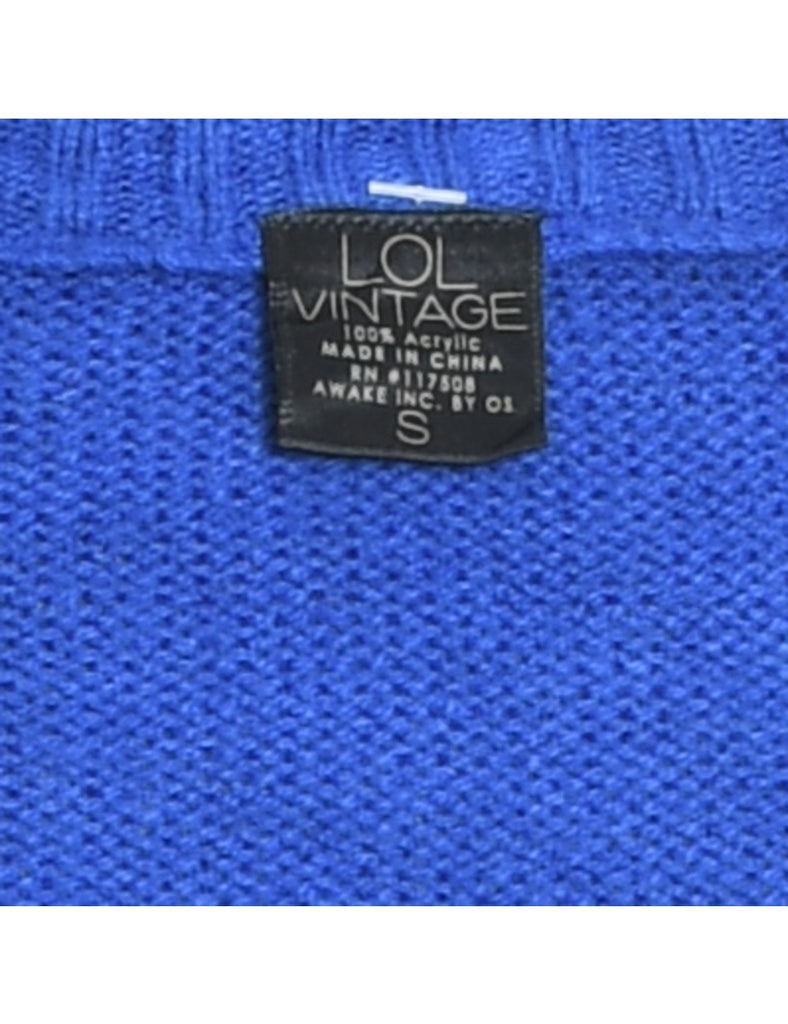 Blue Knit Round-Neck Christmas Jumper - S