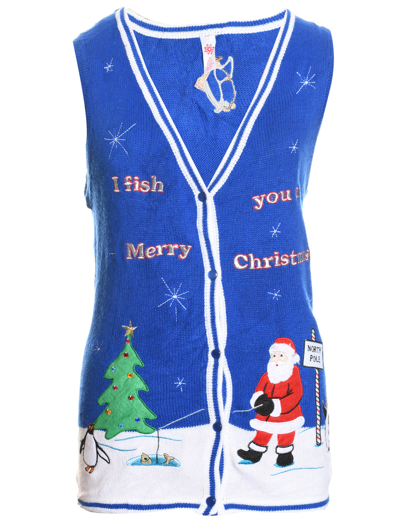 Blue Knit Santa Claus Design Knit Vest - M