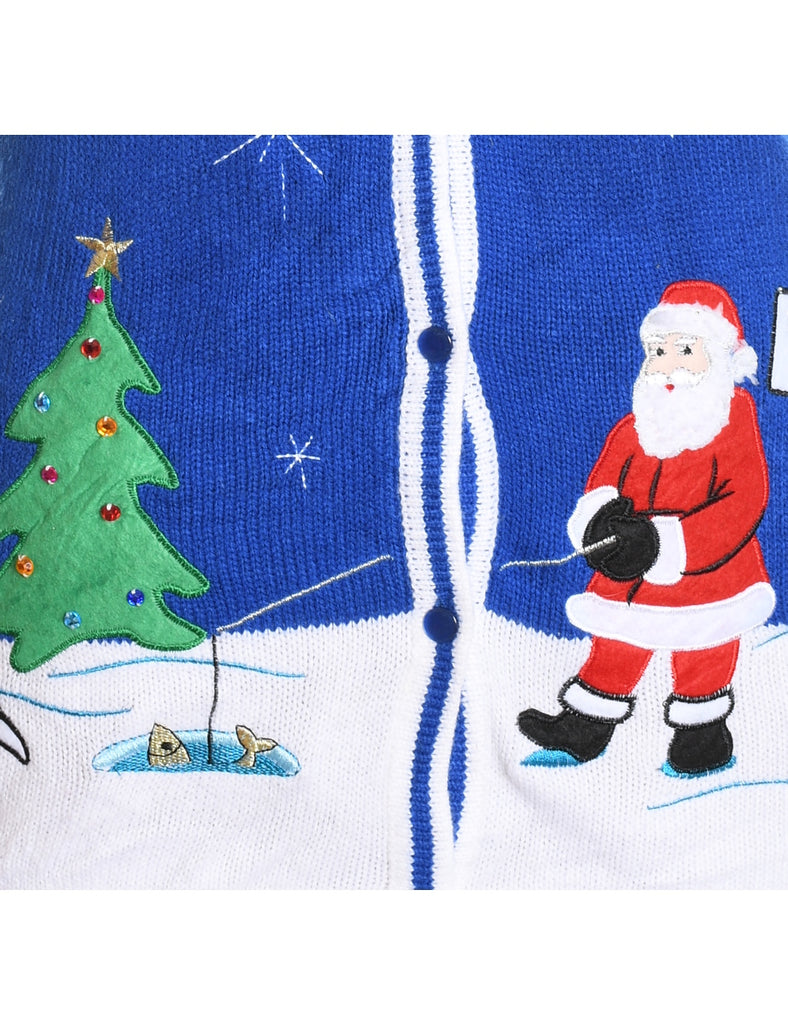 Blue Knit Santa Claus Design Knit Vest - M