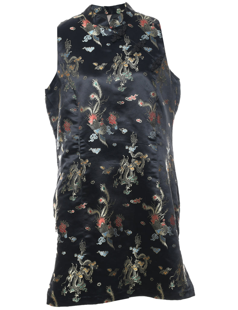 Brocade Design Black Cheongsam Collar Evening Dress - L
