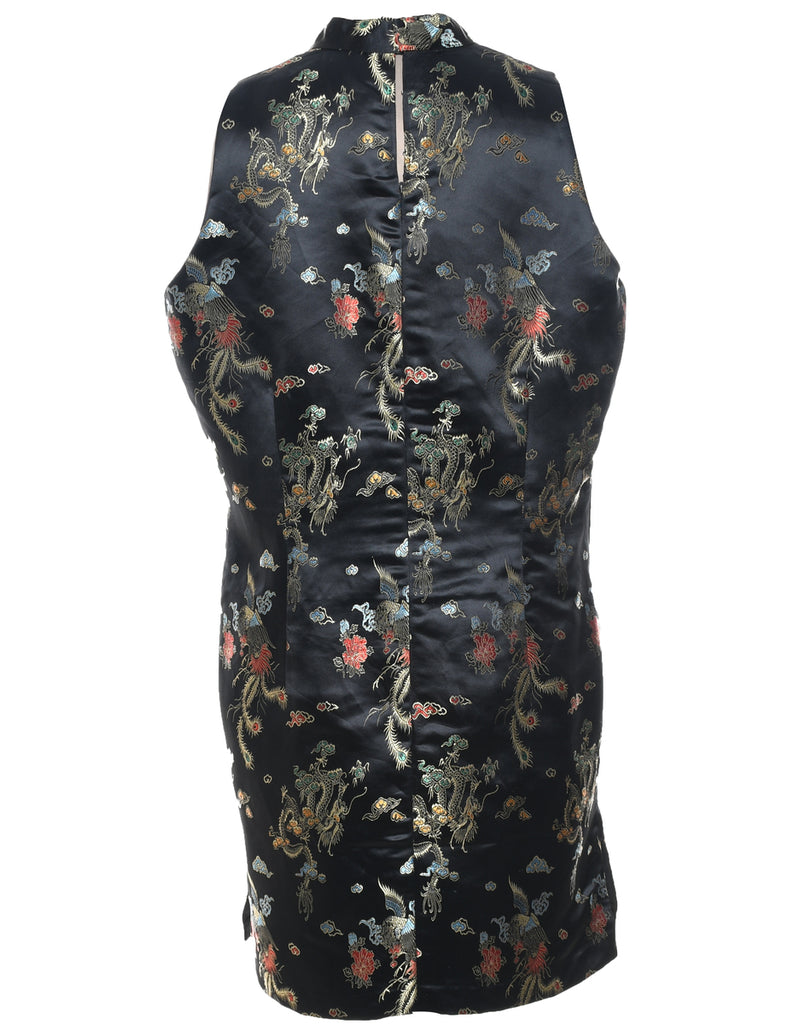 Brocade Design Black Cheongsam Collar Evening Dress - L