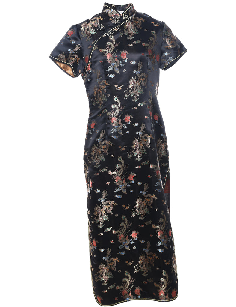 Brocade Design Black Metallic Cheongsam Collar Evening Dress - L