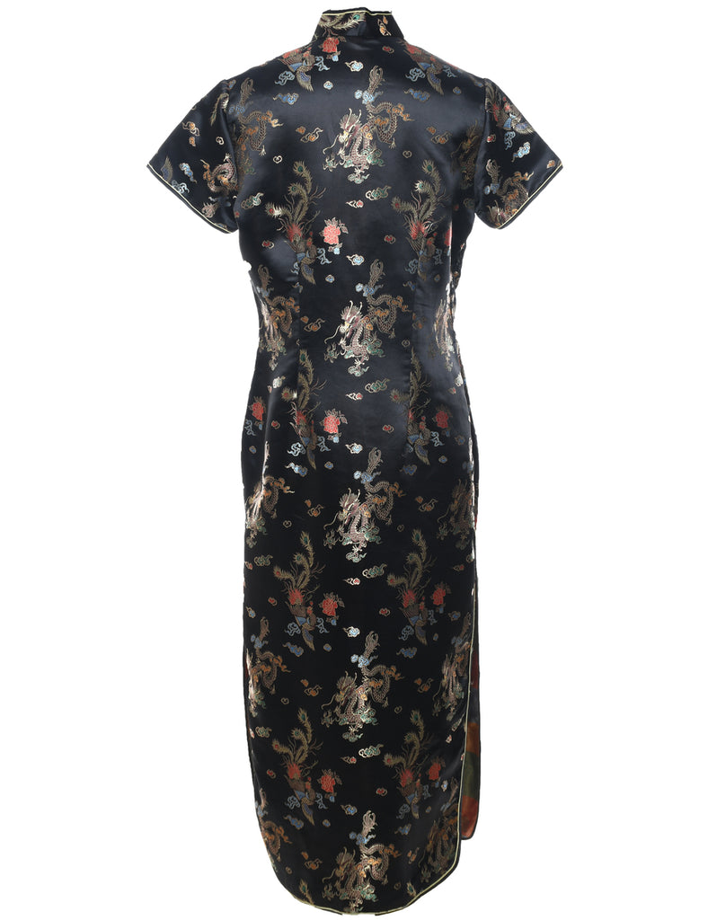Brocade Design Black Metallic Cheongsam Collar Evening Dress - L