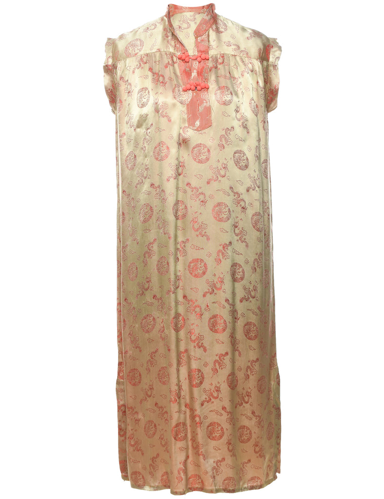 Brocade Design Pale Pink & Yellow Evening Dress - L
