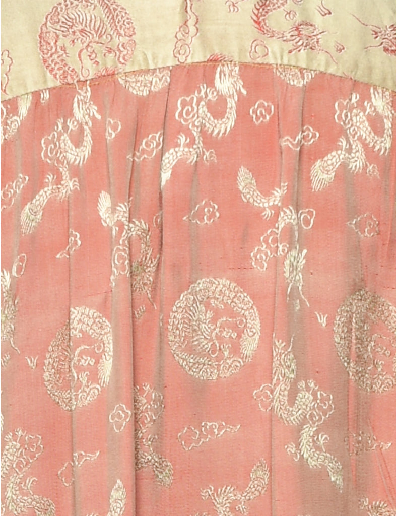 Brocade Design Pale Pink & Yellow Evening Dress - L