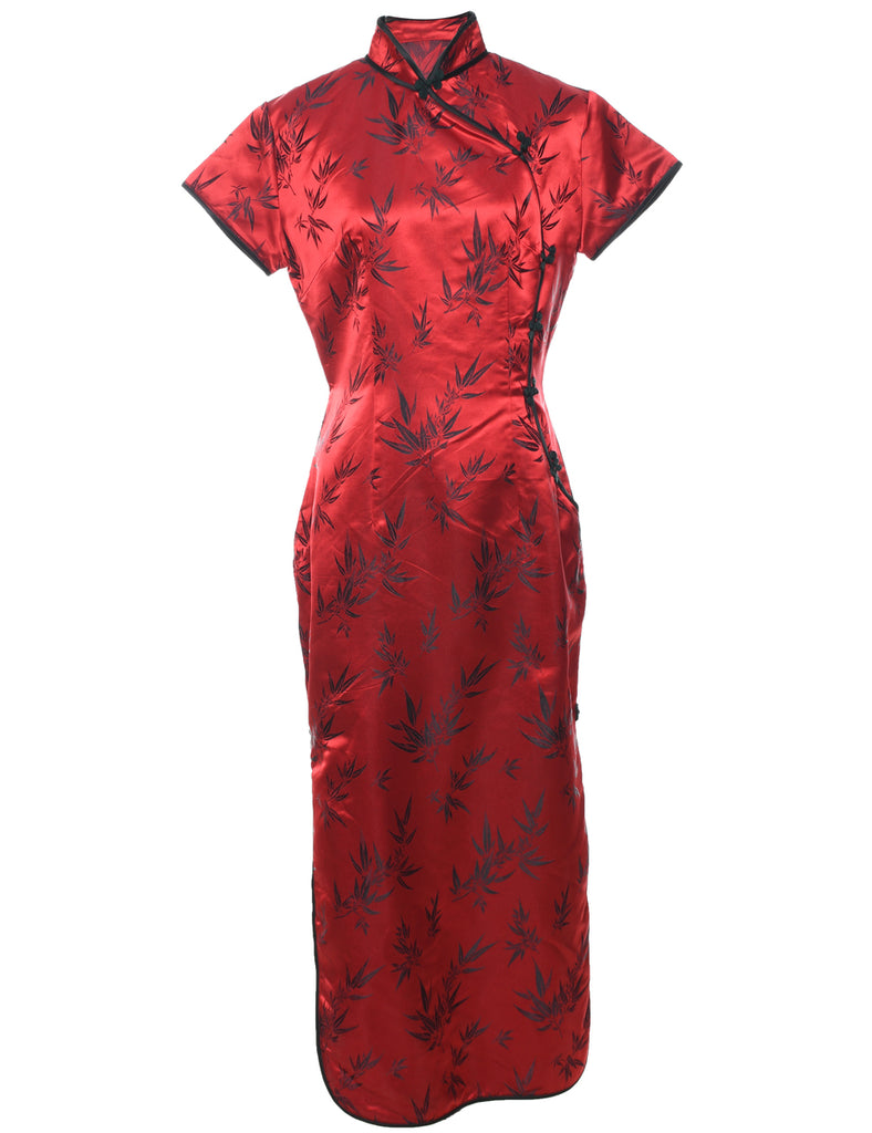 Brocade Design Red & Black Cheongsam Collar Evening Dress - M