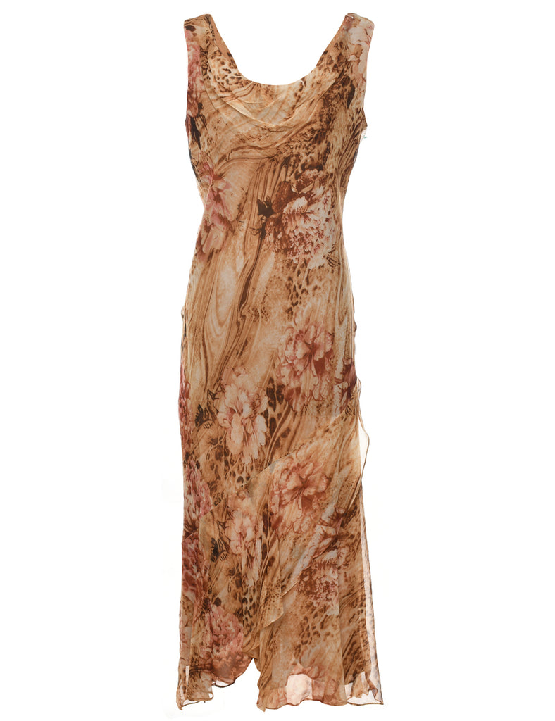 Brown Floral Print Y2K Maxi Dress - M