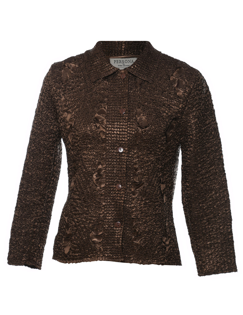 Brown Metallic Ruched Button-Front Jacket - S