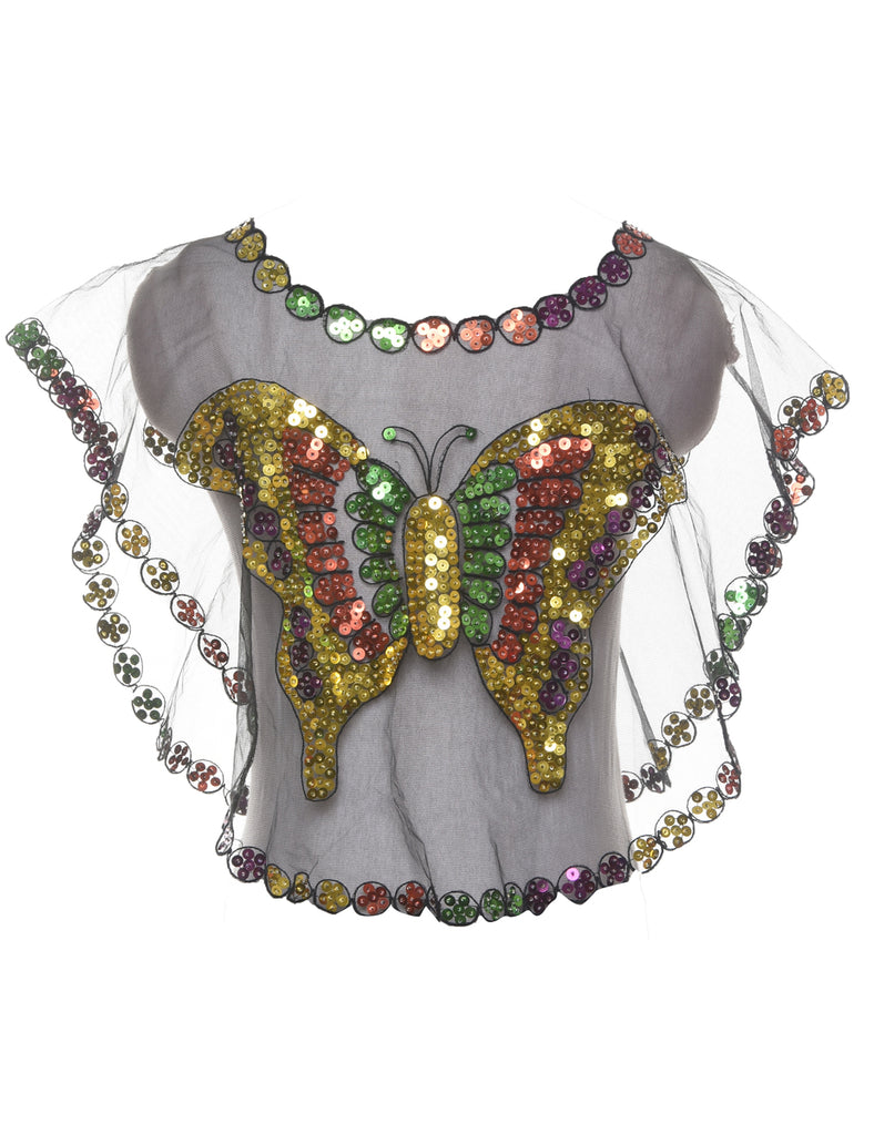 Butterfly Pattern Sequined Sheer Panel Evening Top - M