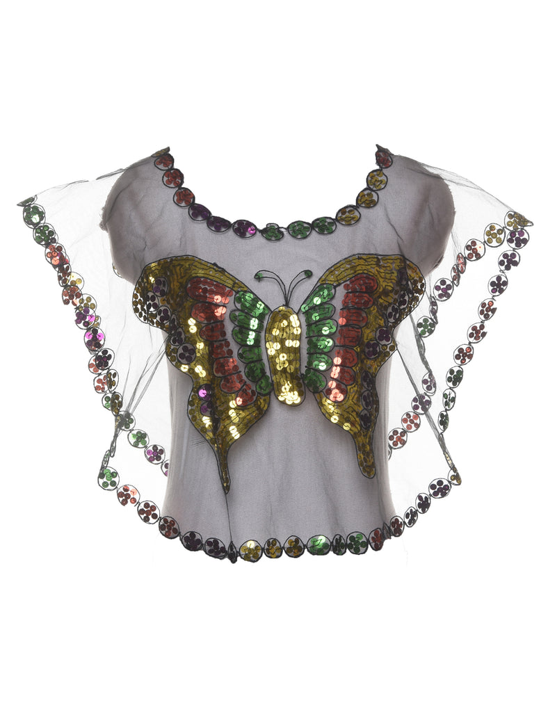 Butterfly Pattern Sequined Sheer Panel Evening Top - M