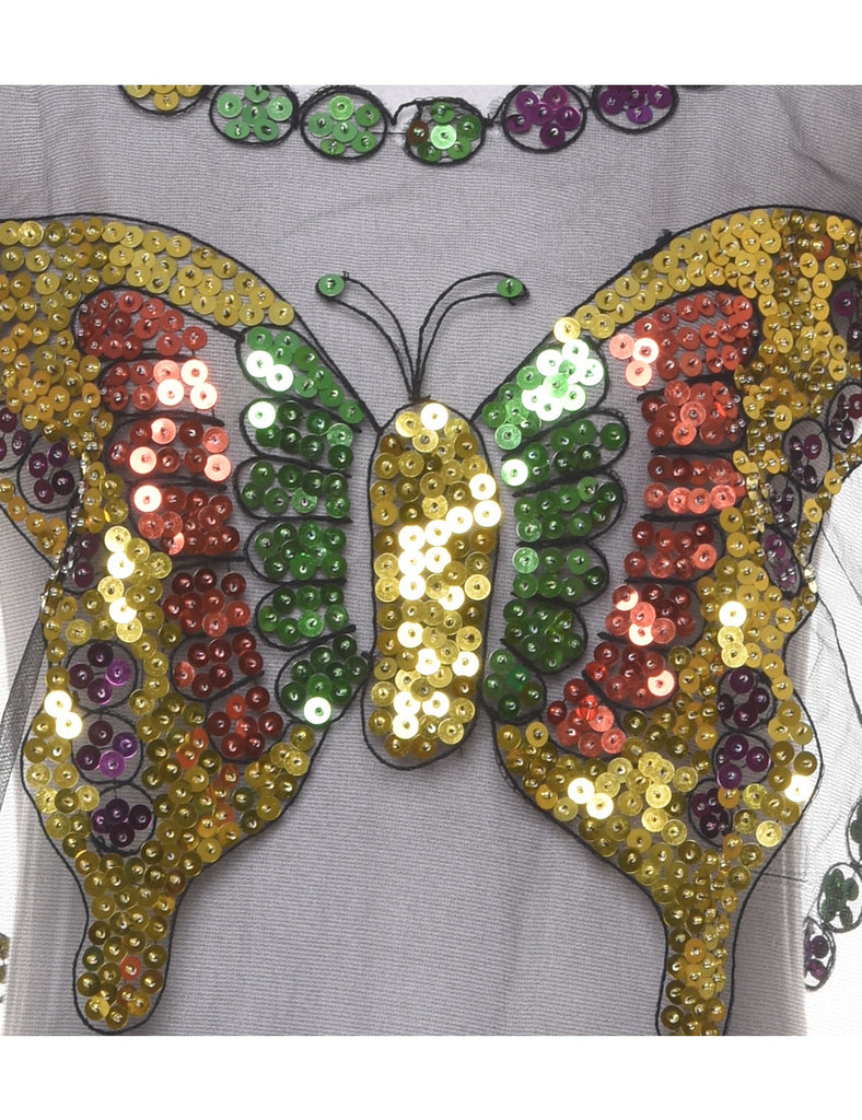 Butterfly Pattern Sequined Sheer Panel Evening Top - M