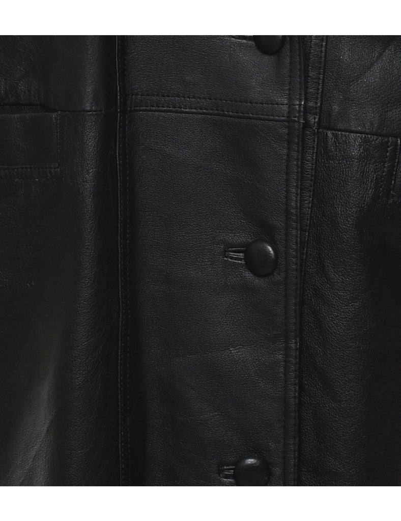 Button Front Black Long Leather Jacket - L