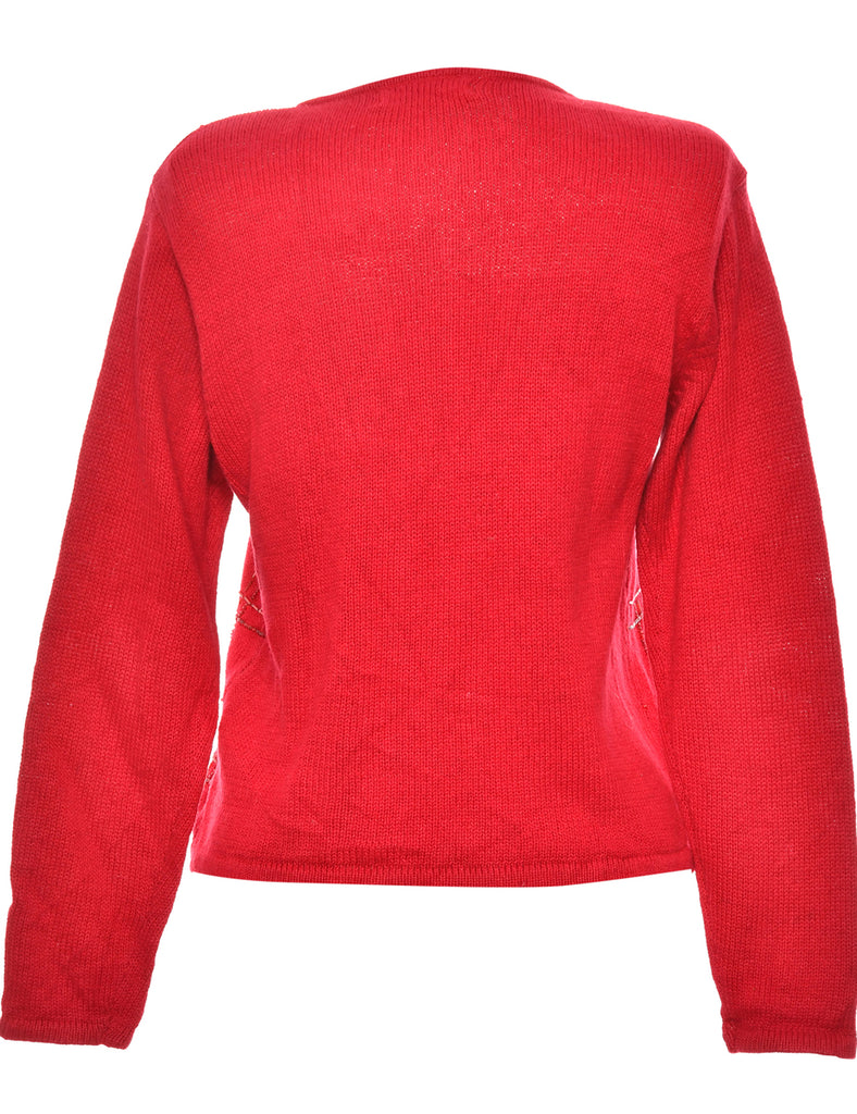 Button-Front Red Embellished Christmas Cardigan - L