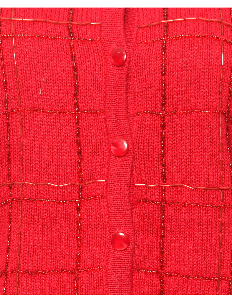 Button-Front Red Embellished Christmas Cardigan - L