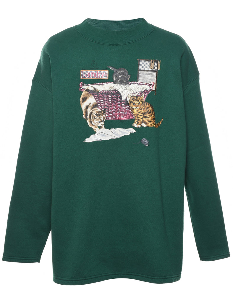 Cat Design Lee Dark Green Sweatshirt  - L