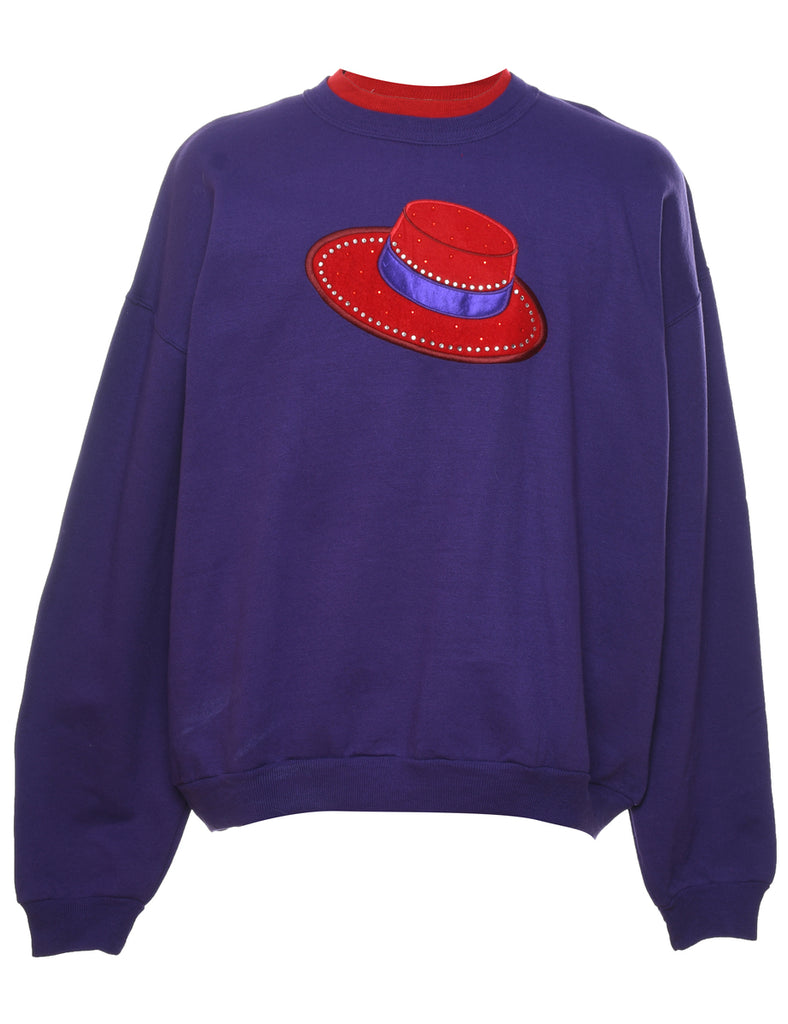 Cat Design Purple & Red 1980s Embroidered Sweatshirt - XL