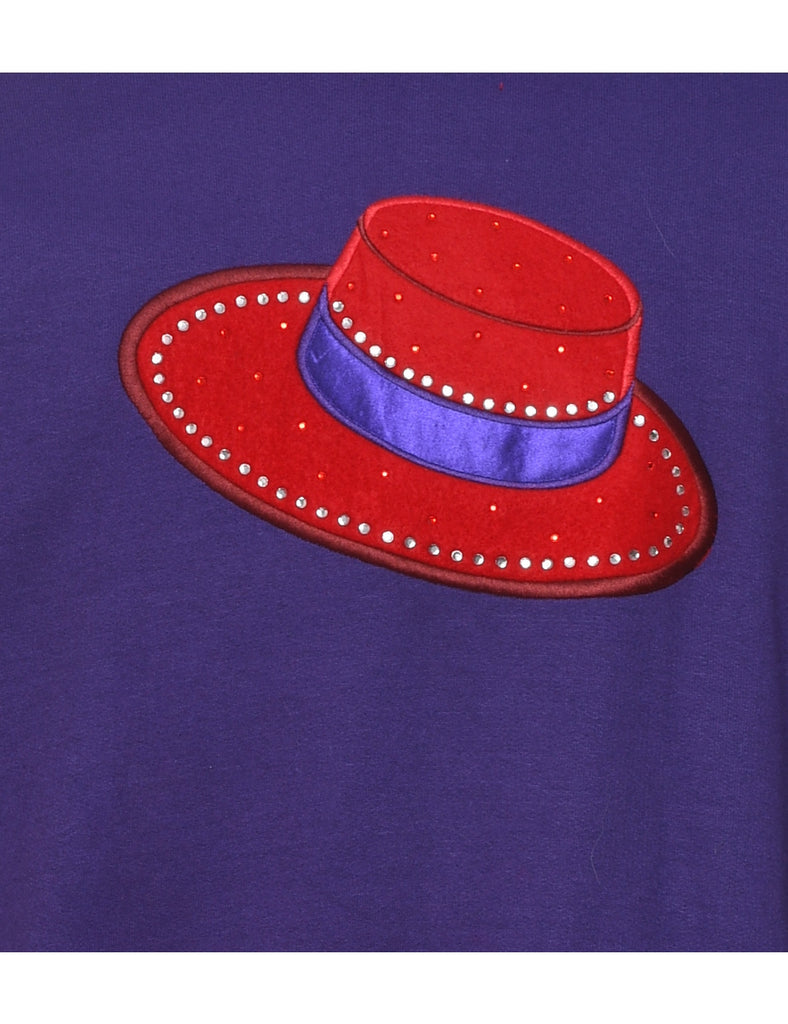 Cat Design Purple & Red 1980s Embroidered Sweatshirt - XL