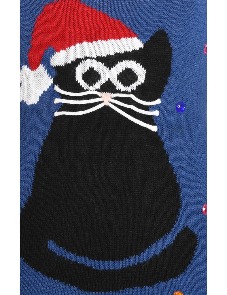 Cat Printed Christmas Jumper - L
