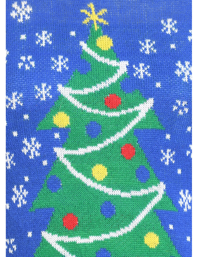 Christmas Tree Design Blue Knit Jumper - S