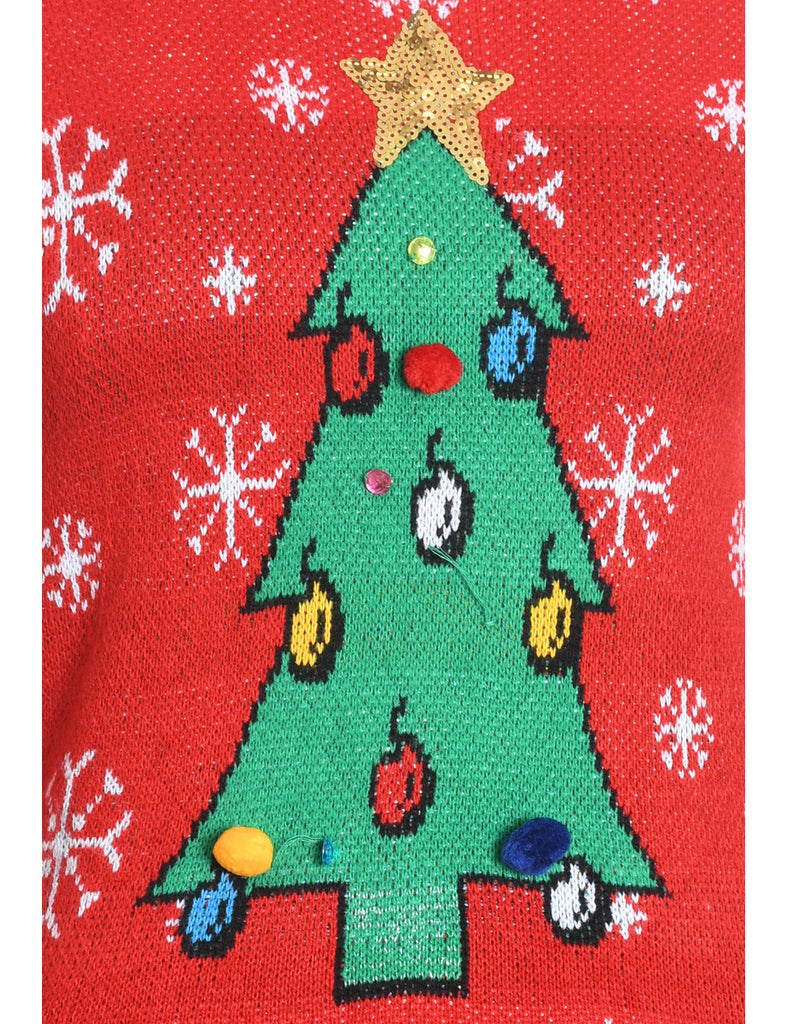 Christmas Tree Design Red Knit Jumper - M