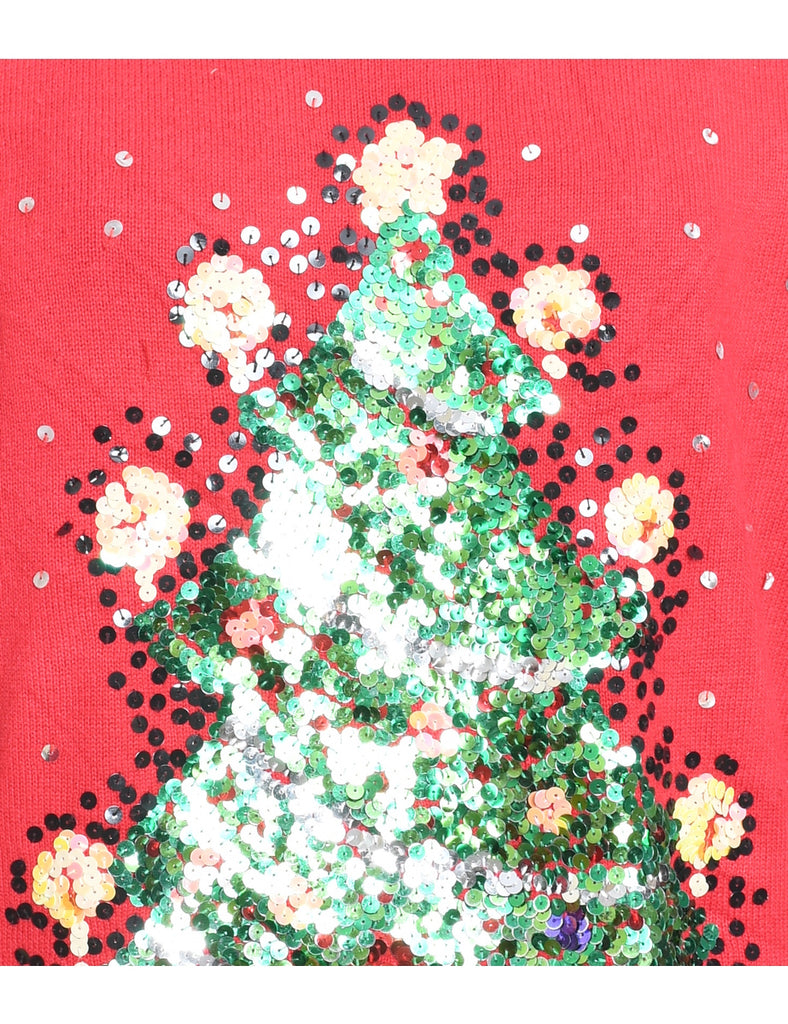Christmas Tree Design Red Sequined Jumper - L