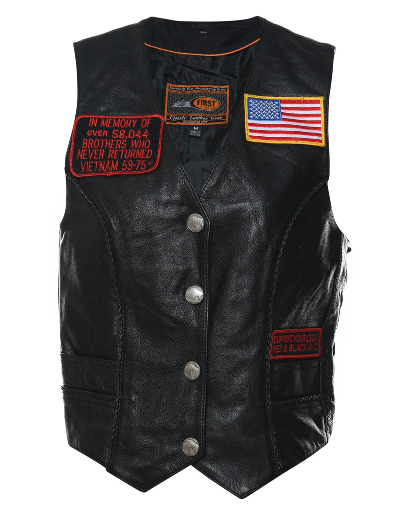 Classic Black Leather Embroidered Waistcoat - M