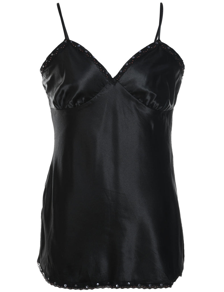 Classic Black Shiny Slip Dress - M