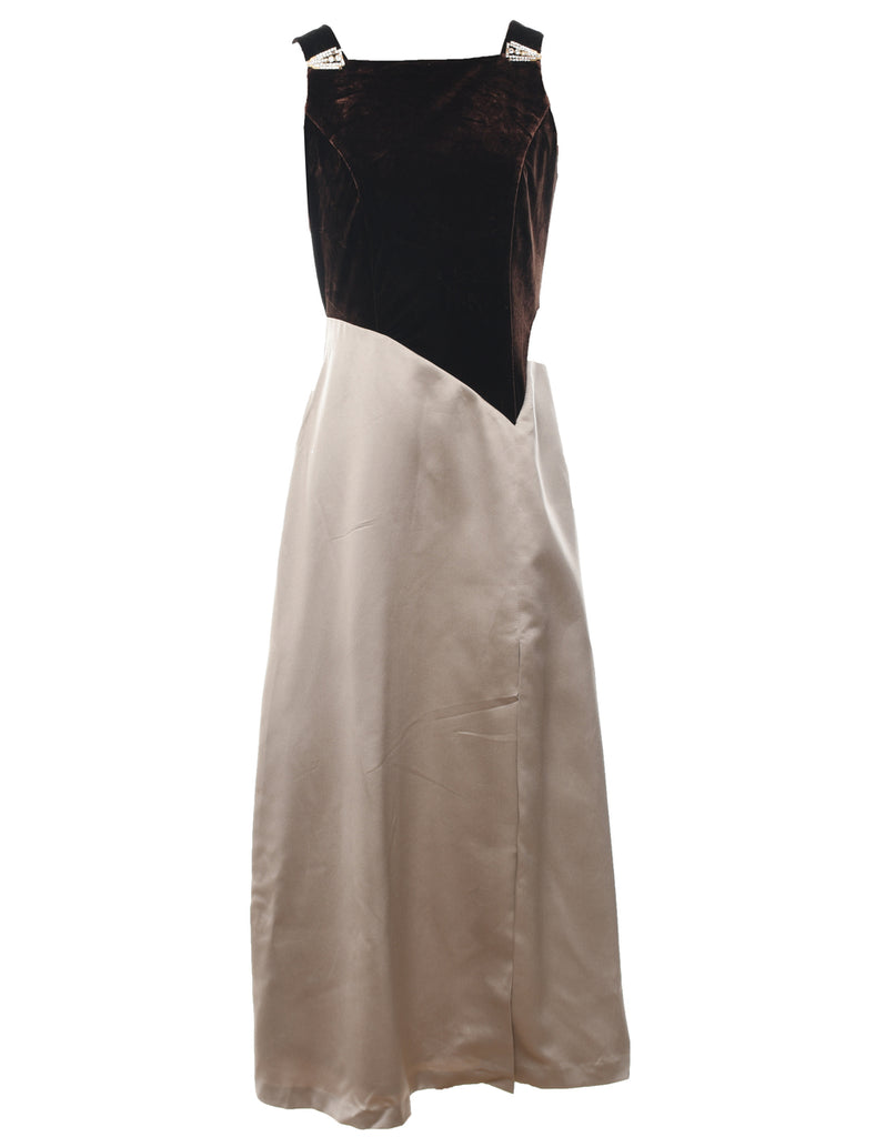 Contrast Tan & Brown Maxi Evening Dress - M