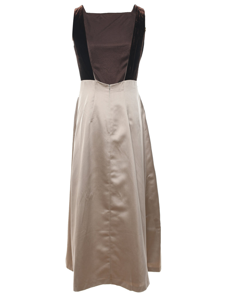 Contrast Tan & Brown Maxi Evening Dress - M