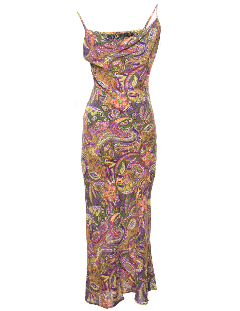 Cowl Neck Paisley Pattern Bodycon Dress - S