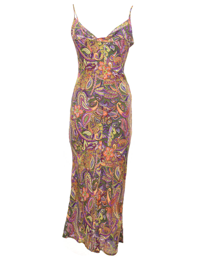 Cowl Neck Paisley Pattern Bodycon Dress - S