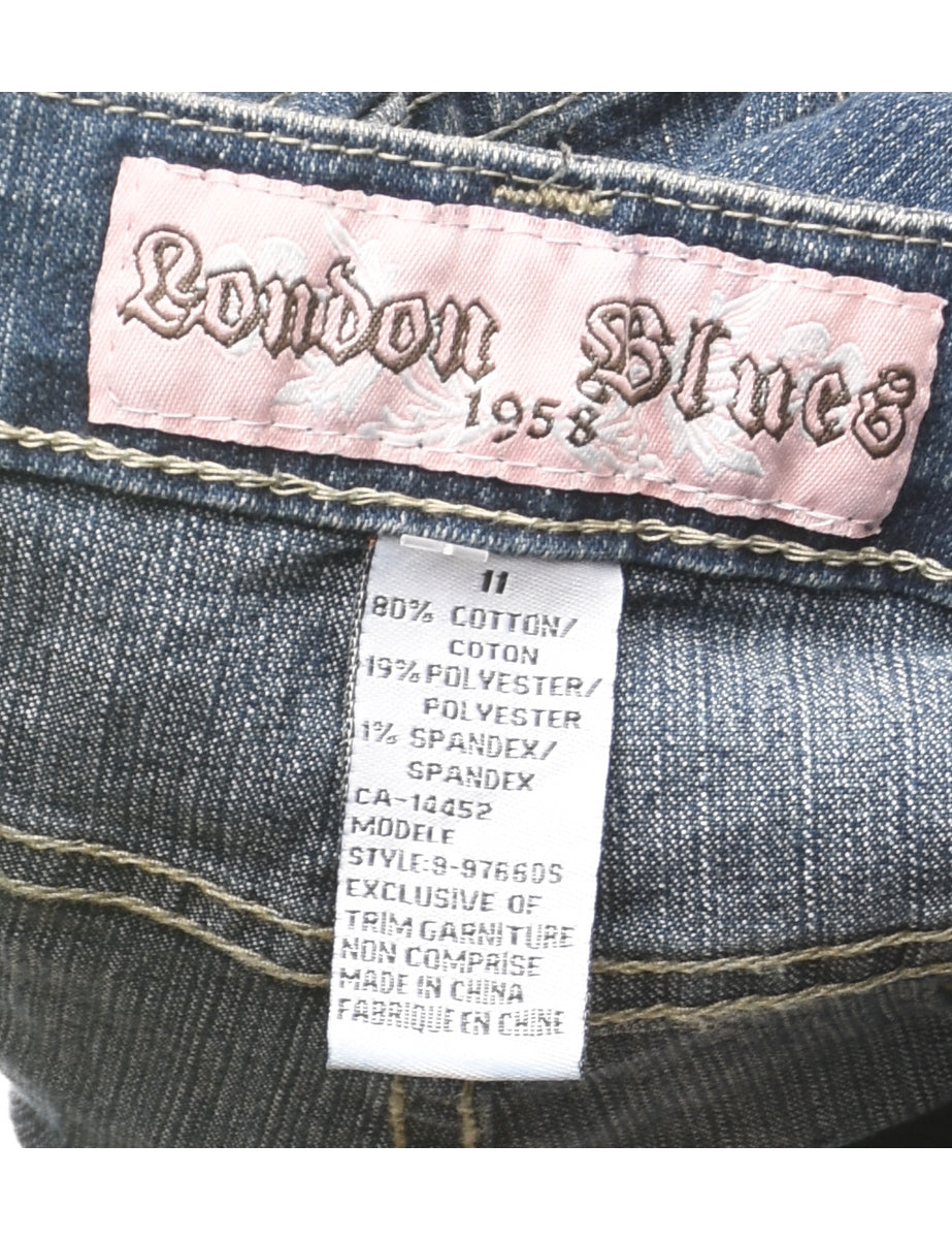 Women's Cropped Stonewash Y2K Floral Embroidered Jeans Denim, L