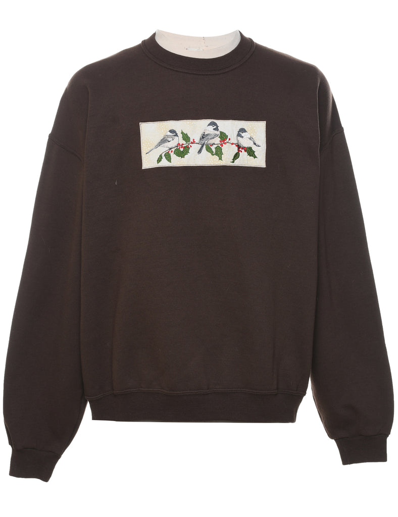 Dark Brown 1990s Floral Sweatshirt - XL
