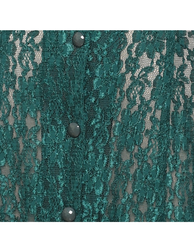 Dark Green 1990s Floral Lace Evening Dress - S