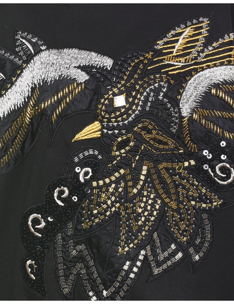 Dark Green Beaded Bird Design Sweatshirt - M