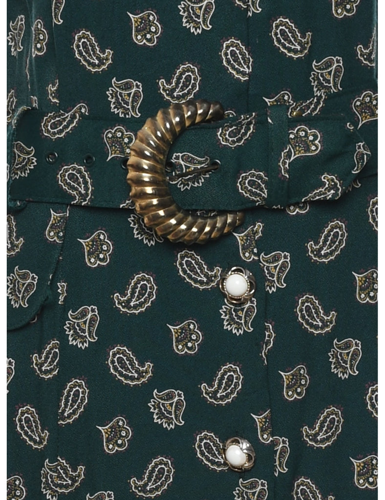 Dark Green Button-Front Gold Belt Detail Paisley Maxi Dress - S