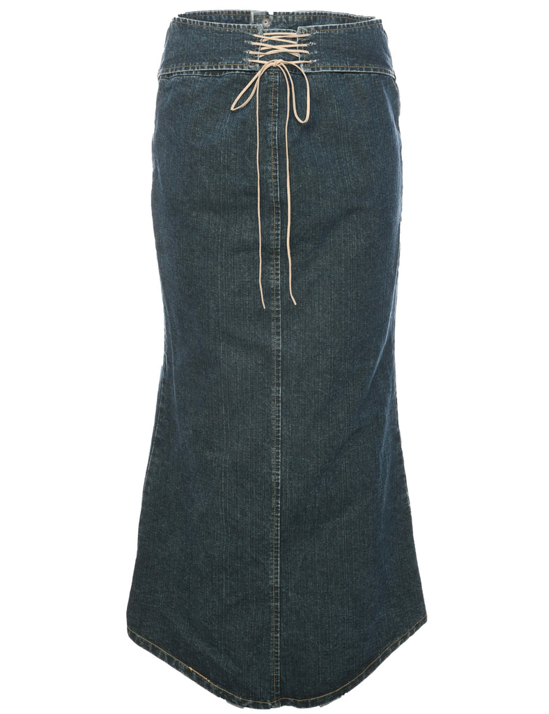 Dark Wash Denim Y2K Lace Up Maxi Skirt - S