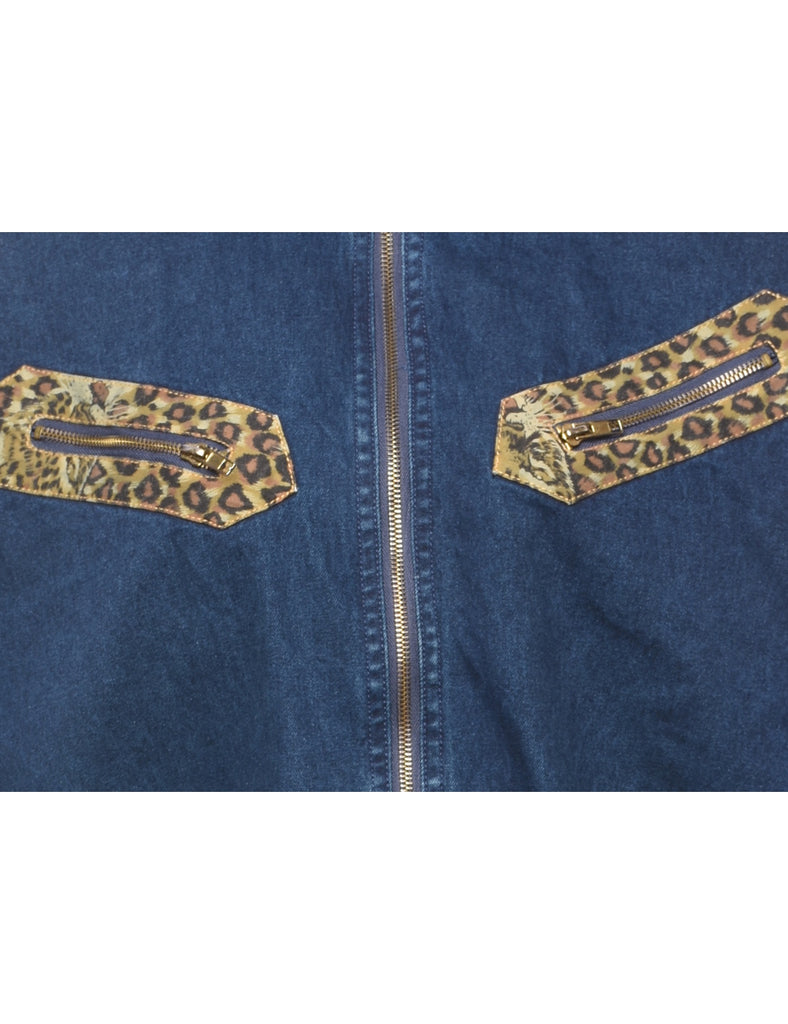 Dark Wash & Leopard Print 1990s Denim Jacket - XL