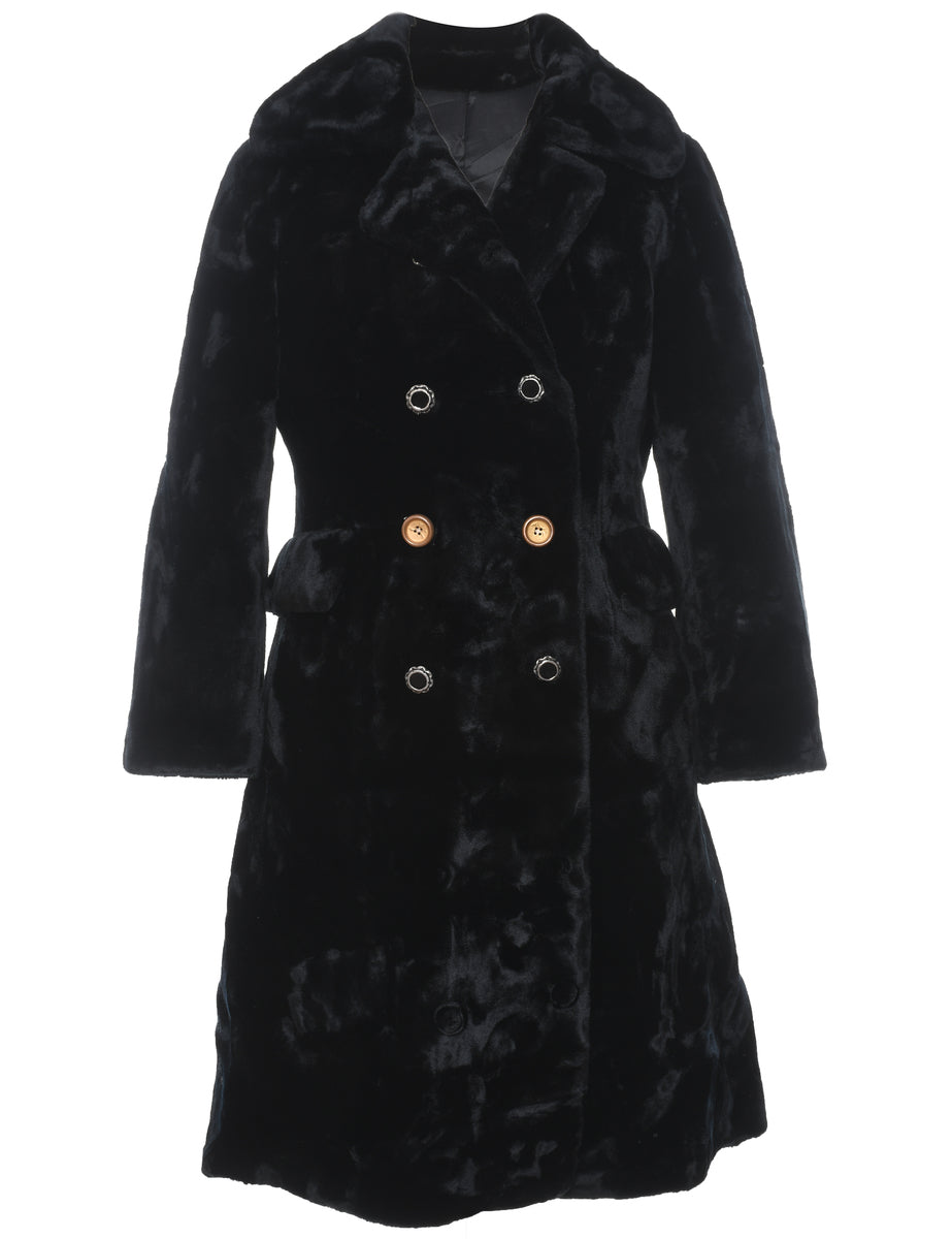 Women's Double Breasted Black Borgazia Faux Fur Coat Black, L