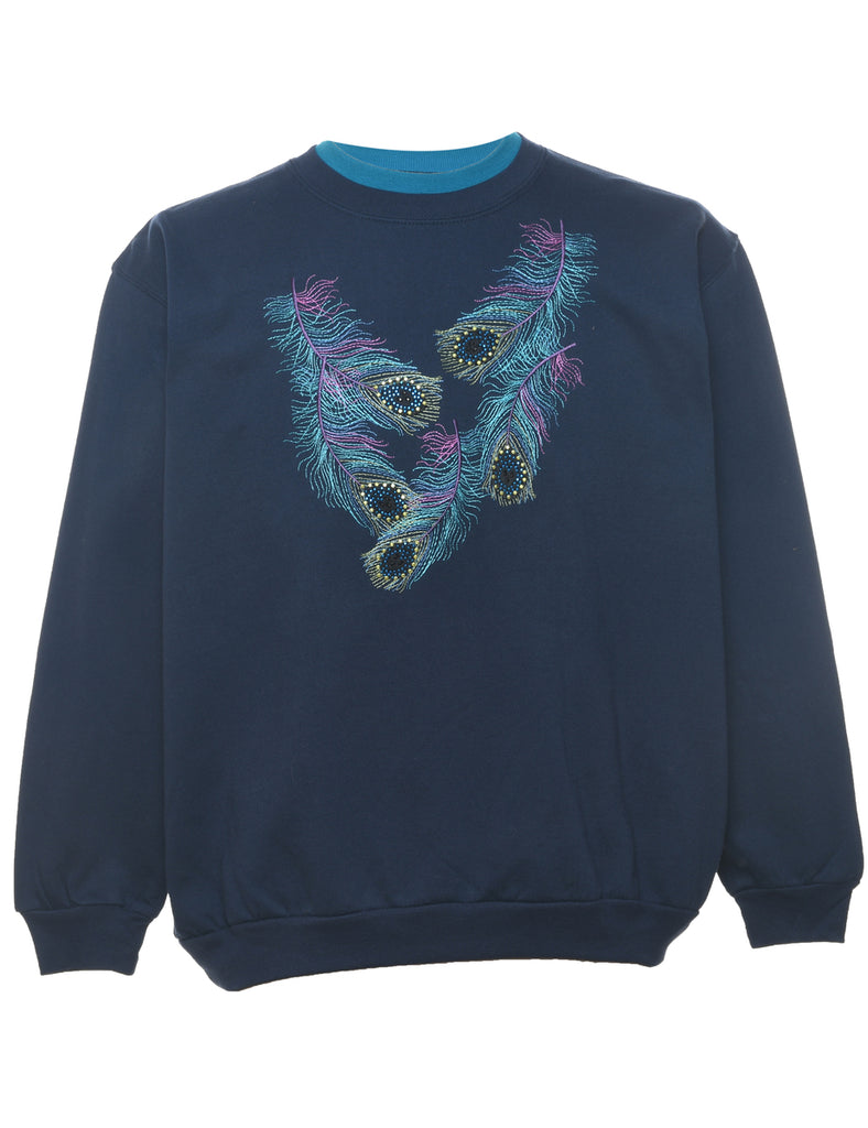 Embroidered 1980s Feather Design Sweatshirt - L