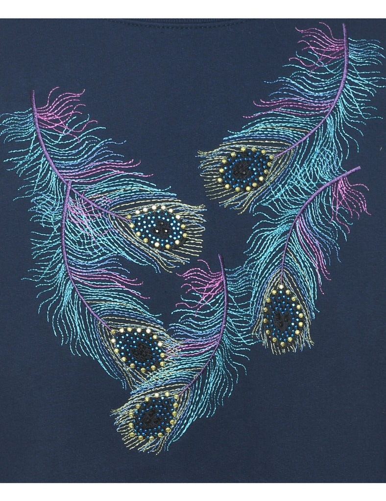 Embroidered 1980s Feather Design Sweatshirt - L