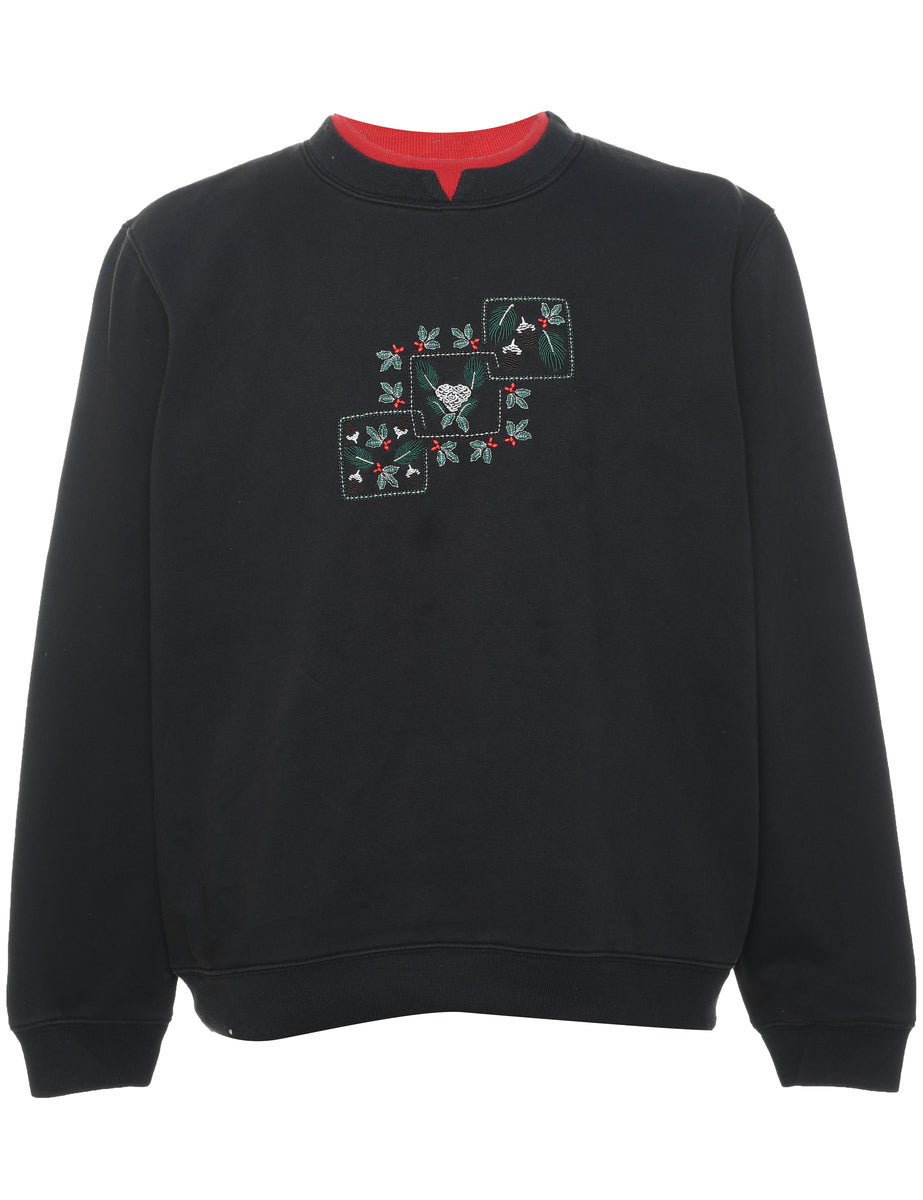 Women's Embroidered Black Red Contrast Collar Sweatshirt Black